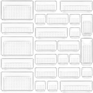 Vtopmart 25 PCS Clear Plastic Drawer Organizers Set, 4-Size Versatile Bathroom and Vanity Drawer Organizer Trays, Storage Bins for Makeup, Bedroom, Kitchen Gadgets Utensils and Office
