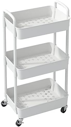 Sywhitta 3-Tier Plastic Rolling Utility Cart with Handle, Multi-Functional Storage Trolley for Office, Living Room, Kitchen, Movable Storage Organizer with Wheels, White - Image 8