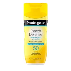Neutrogena Sunscreen Lotion Beach Defense SPF 50, Face and Body Sunscreen, Hawaii Reef Act 104 Compliant, Octinoxate & Oxybenzone Free, Oil Free, Fast Absorbing Sun Care, 6.7 fl oz