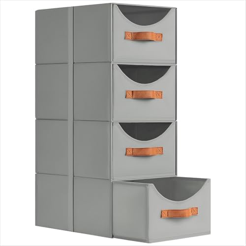 Stackable Storage Drawers - Collapsible Storage Bins with Drawers, 4 Pack Closet Shelf Organizer Basket, Fabric Pull Out Organizer for Bedroom, Living Room, Dorm, Grey