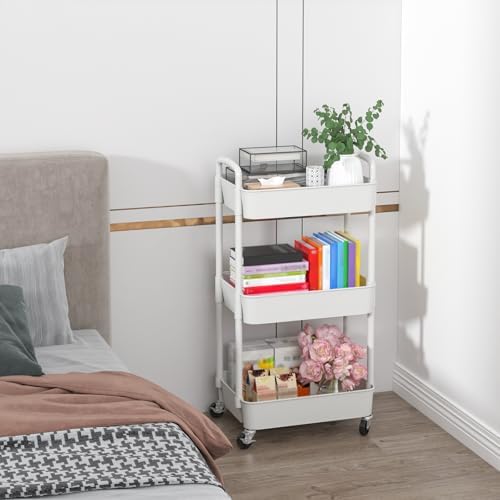Sywhitta 3-Tier Plastic Rolling Utility Cart with Handle, Multi-Functional Storage Trolley for Office, Living Room, Kitchen, Movable Storage Organizer with Wheels, White - Image 7