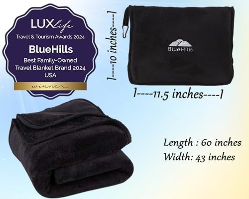 BlueHills Premium Soft Travel Blanket Pillow Airplane Blanket Packed in Soft Bag Pillowcase with Luggage Sleeve Compact Pack Large Traveling Packable Lightweight Gifts Black T008 - Image 3
