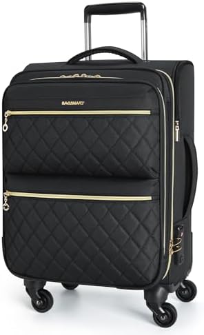 BAGSMART Softside Expandable Luggage Airline Approved with Spinner Wheels, 20 Inch Carry On Luggage 22x14x9 with TSA Lock, Quilted Rolling Suitcases for Women, Black