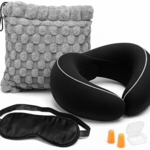 Travel Pillow and Blanket Set – 4-in-1 Memory Foam Neck Pillow, Soft Blanket, Sleep Eyes Mask & Earplugs – Compact & Lightweight Travel Kit for Airplane, Car, and Train Journeys