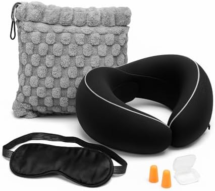 Travel Pillow and Blanket Set – 4-in-1 Memory Foam Neck Pillow, Soft Blanket, Sleep Eyes Mask & Earplugs – Compact & Lightweight Travel Kit for Airplane, Car, and Train Journeys