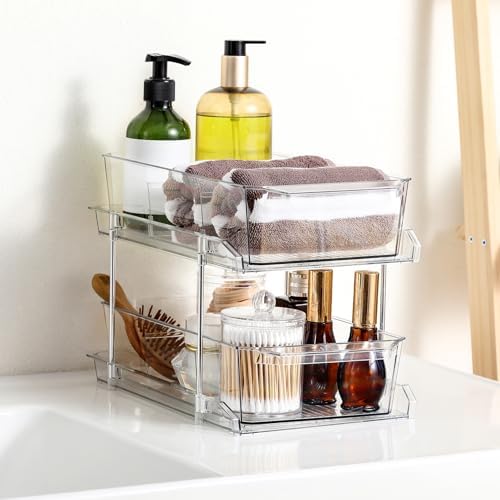2 Set, 2 Tier Clear Organizer with Dividers for Cabinet, Shlef, Counter - MultiUse Slide-Out Storage Container - Kitchen, Pantry, Medicine Cupboard Bins, Bathroom, Vanity Makeup, Under Sink Organizing - Image 8