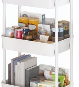 Sywhitta 3-Tier Plastic Rolling Utility Cart with Handle, Multi-Functional Storage Trolley for Office, Living Room, Kitchen, Movable Storage Organizer with Wheels, White
