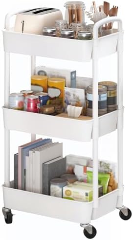 Sywhitta 3-Tier Plastic Rolling Utility Cart with Handle, Multi-Functional Storage Trolley for Office, Living Room, Kitchen, Movable Storage Organizer with Wheels, White
