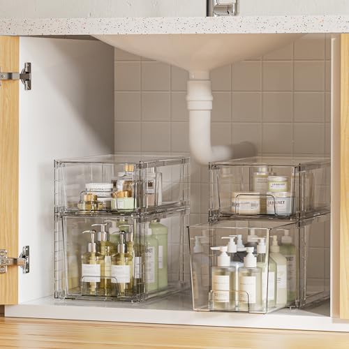 Vtopmart 4 Pack Clear Stackable Storage Drawers,Easy to Assemble Bathroom Organizers and Storage with handles,Plastic Drawers for Kitchen Pantry,Cabinet,Under Sink Organization - Image 2