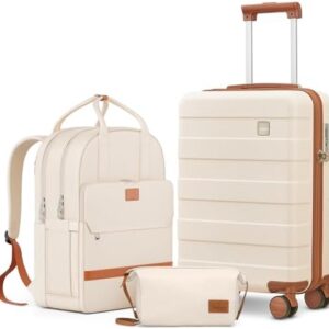 imiomo Hard Shell 20 Inch Carry on Luggage 3 Piece Set with Travel Backpack, Lightweight Hardside Carry-On Suitcase with Spinner Wheels and TSA Lock, Beige