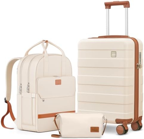 imiomo Hard Shell 20 Inch Carry on Luggage 3 Piece Set with Travel Backpack, Lightweight Hardside Carry-On Suitcase with Spinner Wheels and TSA Lock, Beige