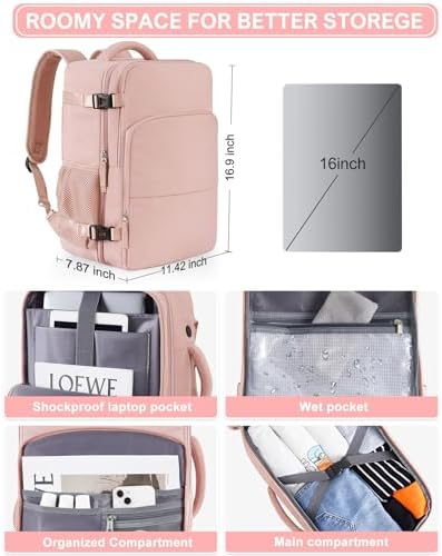 Beraliy Travel Backpack for Women Airline Approved Carry On Backpack, 16 Inch Business Work Backpack with Laptop Compartment, Airplane Personal Item Travel Bags for Trip, Underseat Weekend Bag, Pink - Image 5