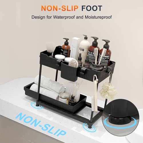 4 Pack Under Sink Organizer, Bathroom Organizers and Storage, 2 Tier Multi-Use Pull Out Cabinet Organizer with Hang Hooks and Cups (Black, 4 Pack) - Image 8