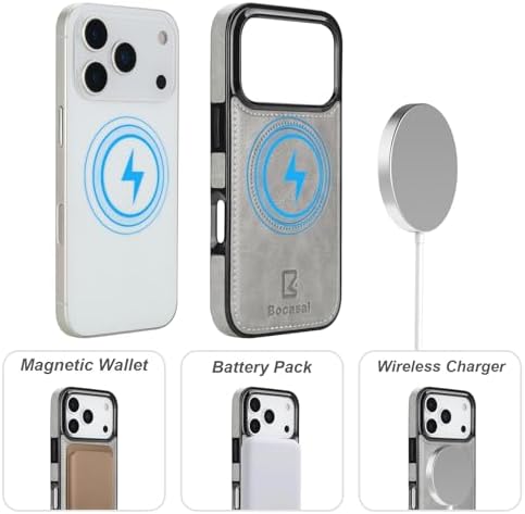 Bocasal for iPhone 17 Pro Wallet Case Compatible with MagSafe Wireless Charging, RFID Blocking Magnetic Leather Case with Card Slots Holder Kickstand Detachable Wrist Strap 6.3 Inch (Grey) - Image 4