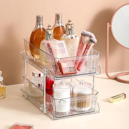 2 Set, 2 Tier Clear Organizer with Dividers for Cabinet, Shlef, Counter - MultiUse Slide-Out Storage Container - Kitchen, Pantry, Medicine Cupboard Bins, Bathroom, Vanity Makeup, Under Sink Organizing - Image 7