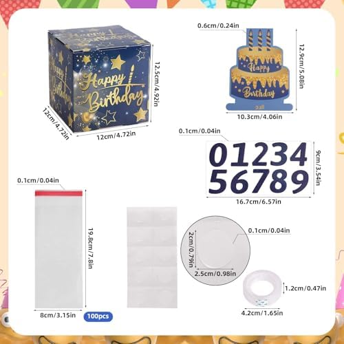 lasuroa Happy Birthday Money Pull Box, Cash Gift Box with Pull-Out Card Fun Money Holder for Birthdays Parties Includes 100pcs Transparent Bags Number Stickers for Boys & Girls (Blue) - Image 2