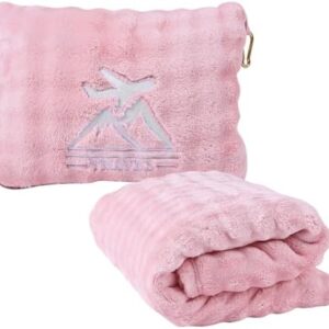 Travel Blanket and Pillow-2-in-1, Ultra-Soft&Compact, One-Piece Airplane Blanket with Hand Luggage Belt and Backpack Clip,Travelers Accessories Gifts, 61x43 Inches (Pink)