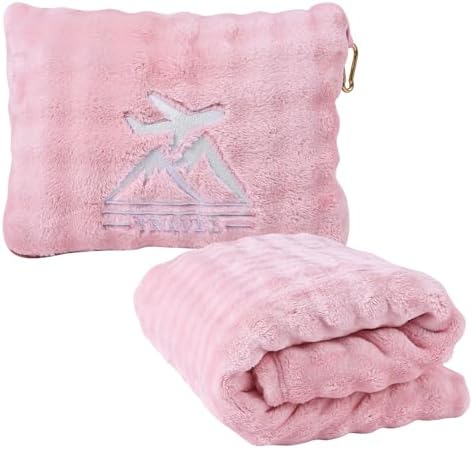 Travel Blanket and Pillow-2-in-1, Ultra-Soft&Compact, One-Piece Airplane Blanket with Hand Luggage Belt and Backpack Clip,Travelers Accessories Gifts, 61x43 Inches (Pink)