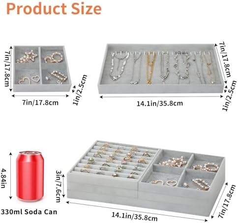 Fixwal Jewelry Organizers and Storage, 14in Stackable Jewelry Drawer Organizer, Set of 5 Jewelry Trays with Removable Dividers, Multi-Layer Tray for Earrings Necklaces Bracelets Watches, Grey - Image 2