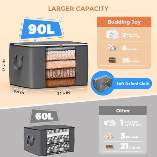 90 L Large Storage Bags, 6 Pack Clothes Storage Bins Foldable Closet Organizers Storage Containers with Reinforced Handle for Clothing, Blanket, Comforters, Bed Sheets, Pillows and Toys (Gray) - Image 2