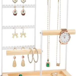 Jewelry Organizer Stand, Jewelry Holder, Lengnoy 4 Tier Earring Holder with 48 Holes and 6 Hooks Necklace Organizer Wood Box for Necklace Bracelet Earring Ring, White