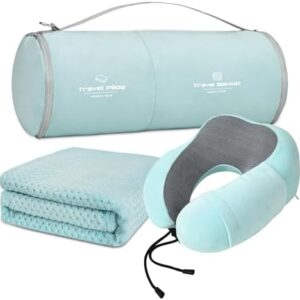 Travel Pillow and Blanket Set Neck Pillow Airplane Memory Foam for Traveling Compact with Bag Blue Green