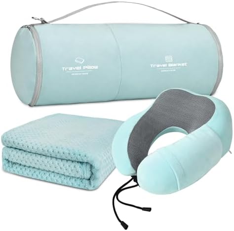 Travel Pillow and Blanket Set Neck Pillow Airplane Memory Foam for Traveling Compact with Bag Blue Green