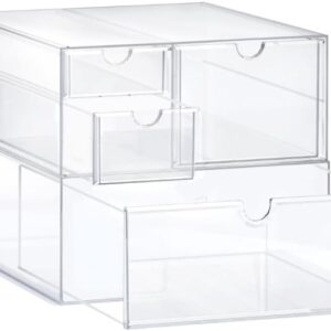 Prsildan Acrylic Drawer Makeup Organizer with 4 Drawers, Set of 2 Office Desk Organizers Accessories, Clear Stackable Storage Drawers for Vanity, Countertop, Craft, Jewelry, Art Supply Organization