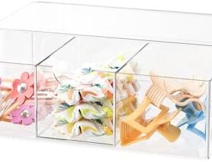 Hair Accessories Organizer for Girls, Clear Acrylic Hair Bow Tie Clip Scrunchie Holder with Divider, Cute Small Stackable Storage Drawer Container Caddy Box for Bathroom Vanity Countertop