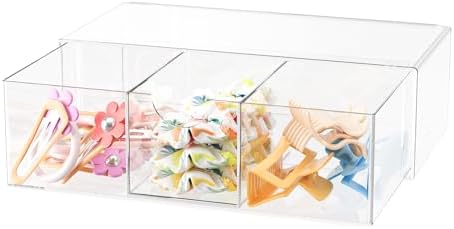 Hair Accessories Organizer for Girls, Clear Acrylic Hair Bow Tie Clip Scrunchie Holder with Divider, Cute Small Stackable Storage Drawer Container Caddy Box for Bathroom Vanity Countertop