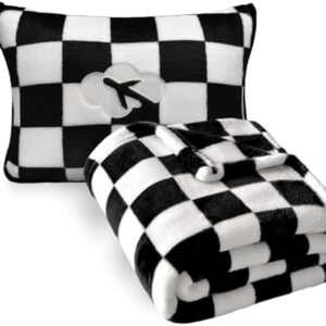 Travel Blanket and Pillow Compact, Premium Soft 2 in 1 Airplane Blanket with Soft Bag Pillowcase,Hand Luggage Sleeve and Backpack Clip (Checkered Black)
