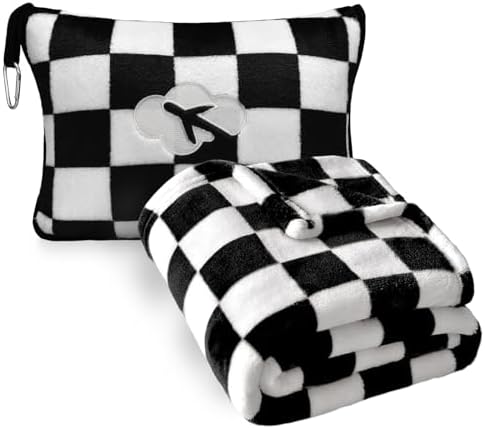 Travel Blanket and Pillow Compact, Premium Soft 2 in 1 Airplane Blanket with Soft Bag Pillowcase,Hand Luggage Sleeve and Backpack Clip (Checkered Black)