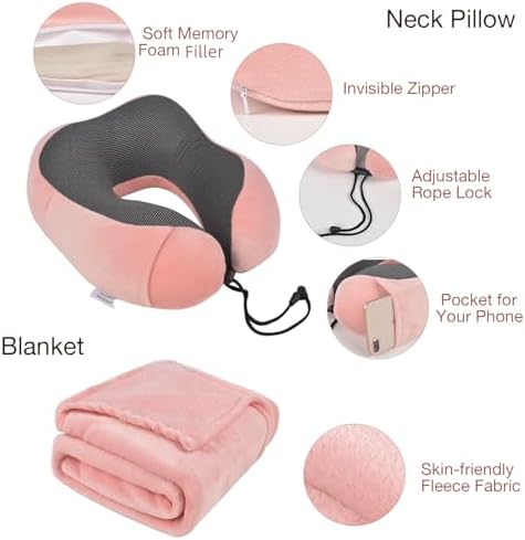 Travel Pillow and Blanket Set & Foot Rest, Memory Foam Neck Pillow Airplane Blanket & Airplane Foot Hammock & Foldable Duffel Bag, Eye Mask & Earplugs, Portable Travel Accessories Essentials, Pink - Image 4