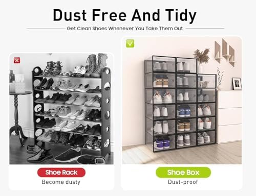 Kuject X-Large Shoe Storage Boxes Organizers Clear Plastic Stackable 12 Pack, Shoe Rack & Holder Substitute, Sneaker Containers, Toy Storage Organizer Bins for Entryway, Closet, Under Bed, Black - Image 7