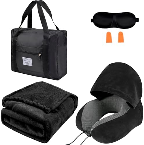 Travel Blanket Pillow Set - Travel Neck Pillow & Blanket for Airplane, Thick Fleece Plane Blankets, Hooded Memory Foam Neck Pillows, Foldable Duffel Bag, Sleep Mask, Earplugs for Plane Traveling
