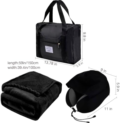 Travel Blanket Pillow Set - Travel Neck Pillow & Blanket for Airplane, Thick Fleece Plane Blankets, Hooded Memory Foam Neck Pillows, Foldable Duffel Bag, Sleep Mask, Earplugs for Plane Traveling - Image 2
