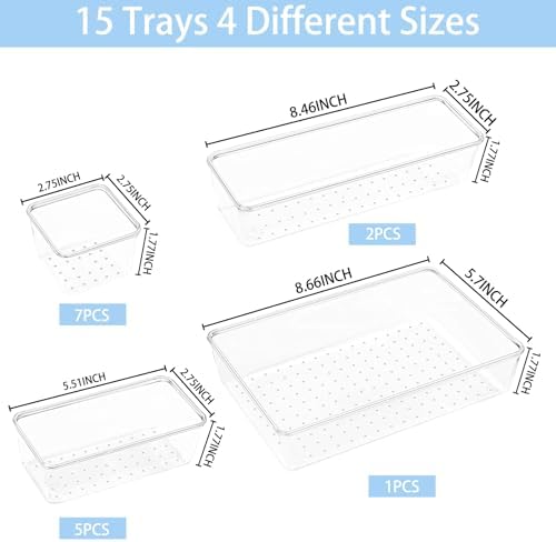 Drawer Organizers Set of 15, 4 Sizes Clear Plastic Drawer Organizers and Storage Bins for Kitchen, Bathroom, Office, Dresser Desk Drawer Organizer Tray for Jewelry, Makeup, Junk, Gadgets - Image 2