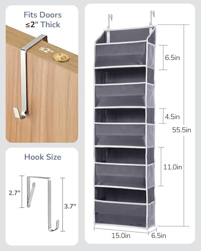 ULG 1 Pack Over Door Organizer with 5 Large Pockets 10 Mesh Side Pockets, 44 lbs Weight Capacity Hanging Storage Organizer with Clear Window Kids Toys, Shoes, Diapers, Dark Grey, 5 Layers - Image 4