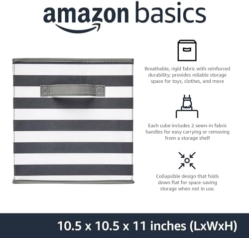 Amazon Basics Cube Organizer Storage Bins Handles, Collapsible Fabric, Pack of 6, 10.5"x10.5"x11", White/ Light Grey Stripe - Image 2