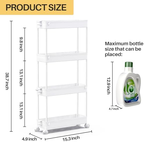 SPACEKEEPER Slim Rolling Storage Cart 4 Tier Bathroom Organizer Mobile Shelving Unit Utility Cart Tower Rack for Kitchen Laundry Narrow Places, White - Image 4