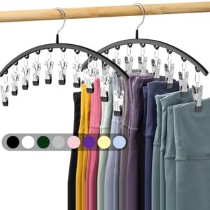 Legging Organizer for Closet, Metal Yoga Pants Hangers 2 Pack w/10 Clips Holds 20 Leggings, Space Saving Hanging Closet Organizer w/Rubber Coated Closet Organizers and Storage, Black