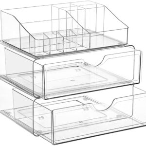 Vtopmart 3 Tier Clear Makeup Organizer with Drawer, Cosmetic Storage for Dresser Countertop and Bathroom Vanity, Beauty Holder for Lipstick Brush Skincare