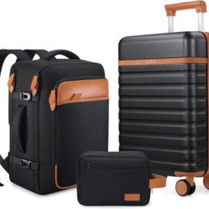 Luggage Sets 3 Piece, Carry On Luggage 20In With Spinner Wheels,PC Hardside Suitcase Set with TSA Lock,Durable Carry On Suitcase With Travel Backpack for Men (Black, 3 piece set (20inch))