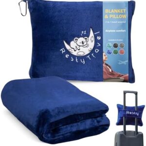 Resty 65"x40" Traveling Airplane Blanket, Navy Blue – Lightweight, Velvety Soft Blanket That Becomes a Travel Pillow – Must-Have Comfort for Planes & Road Trips – Travel Essentials for Women & Men