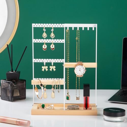 Jewelry Organizer Stand, Jewelry Holder, Lengnoy 4 Tier Earring Holder with 48 Holes and 6 Hooks Necklace Organizer Wood Box for Necklace Bracelet Earring Ring, White - Image 3