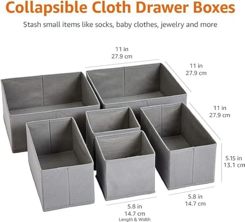 Amazon Basics Cloth Drawer Storage Organizer Boxes for Socks, Underwear and Baby Items, Set of 6, Gray - Image 2