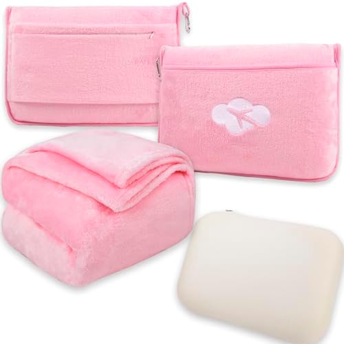 Blanket Pillow for Airplane Travel Essentials - 3 In 1 Travel Blanket and Pillow Set for Women Gifts, Plane Compact with Bag for Long Flight, International Traveler Must Haves Flying Accessories（Pink）