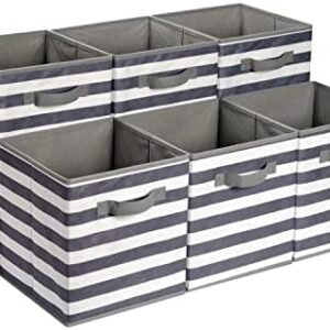 Amazon Basics Cube Organizer Storage Bins Handles, Collapsible Fabric, Pack of 6, 10.5"x10.5"x11", White/ Light Grey Stripe