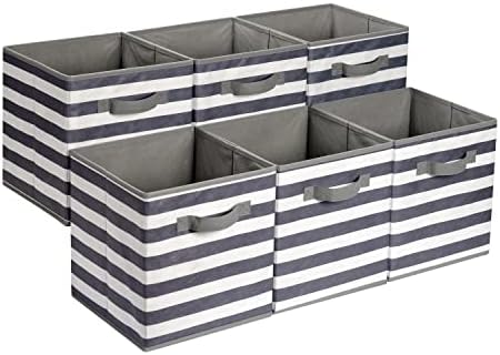 Amazon Basics Cube Organizer Storage Bins Handles, Collapsible Fabric, Pack of 6, 10.5"x10.5"x11", White/ Light Grey Stripe
