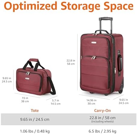 Amazon Basics Luggage Sets, Carry-On 23-Inch, tote 15-Inch, Suitcase With Wheels, Expandable Extra Space (+15%), Front Pockets and Telescopic Handle, Burgundy - Image 4